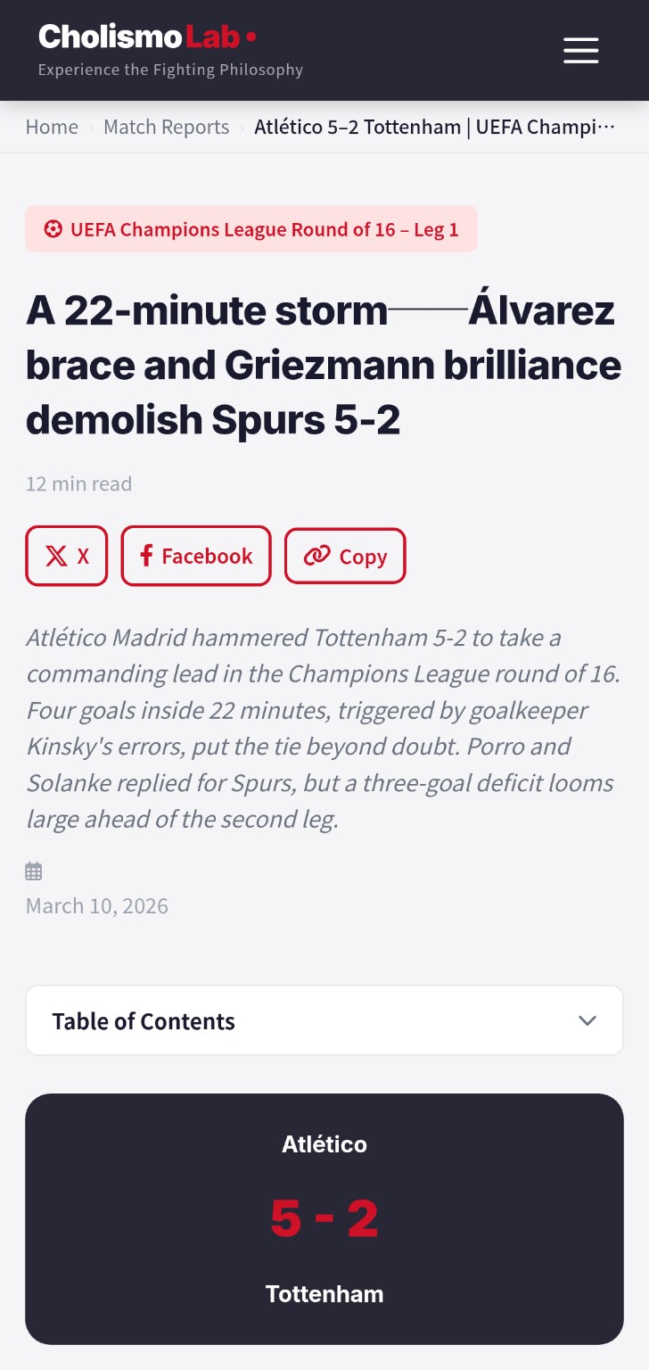 A match report article page