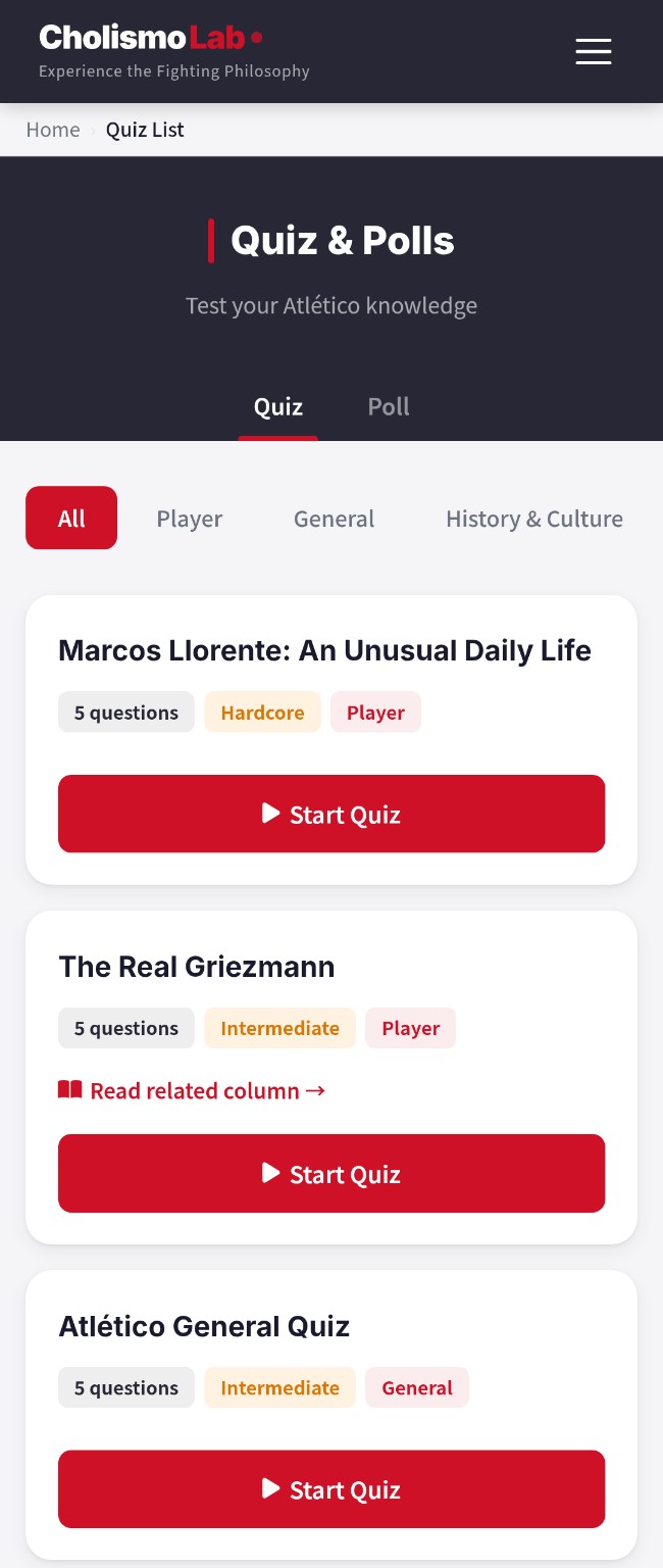 The quiz page with quiz cards