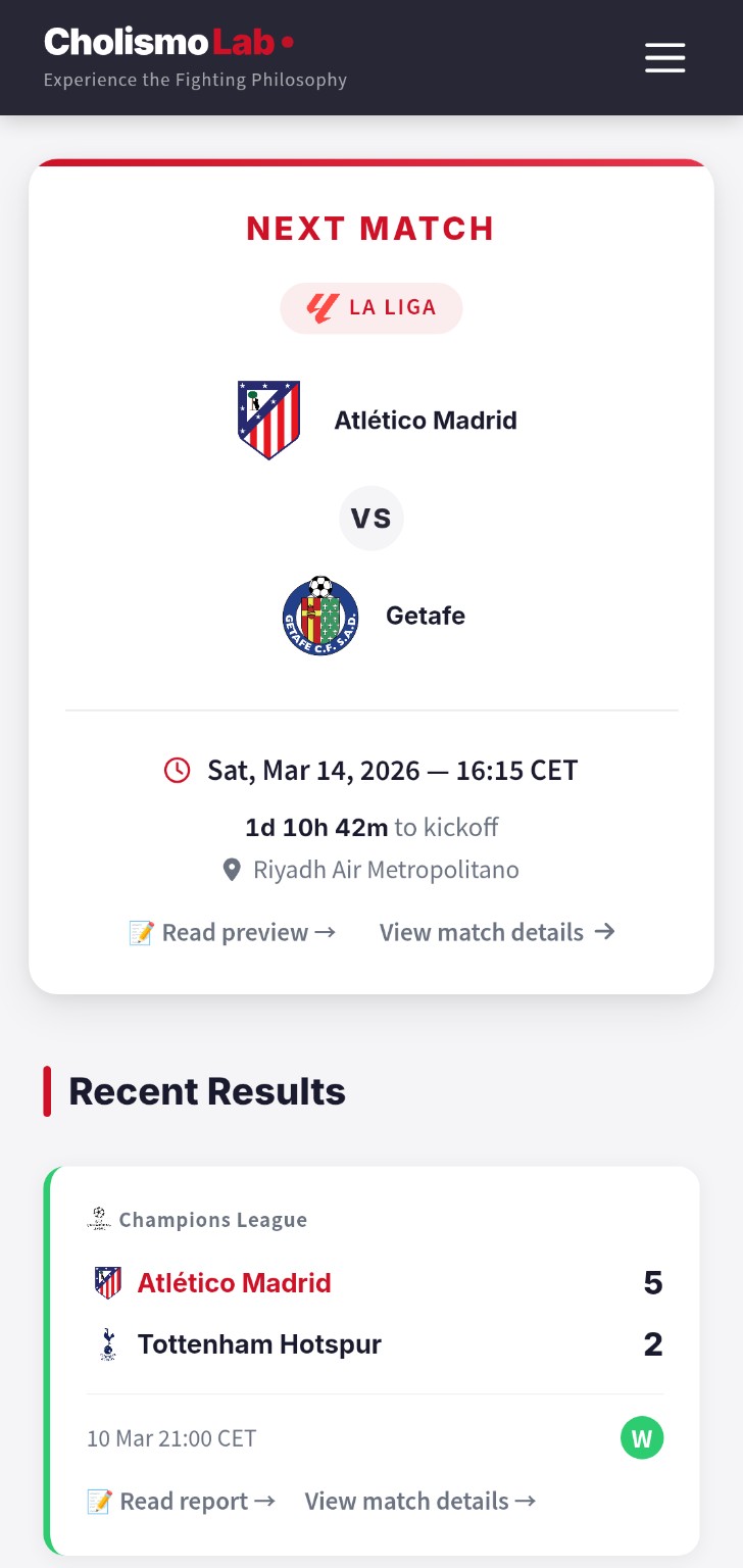 Top of the homepage showing the match guide and recent results
